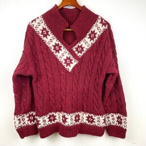 Womens Handmade Sweater Sz L Wool Chunky Oversized  Cable Thick Cabin Burgundy